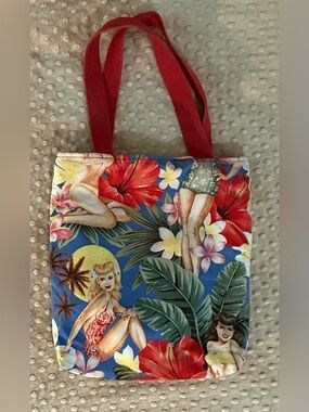 Amici Tropical Floral Canvas Tote Bag with Red Handles